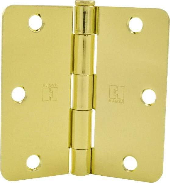 Hager - 3-1/2" Wide x 3-1/2" High 1/4 Radius Residential Hinge - Round Edge, Steel, Bright Brass Finish - All Tool & Supply