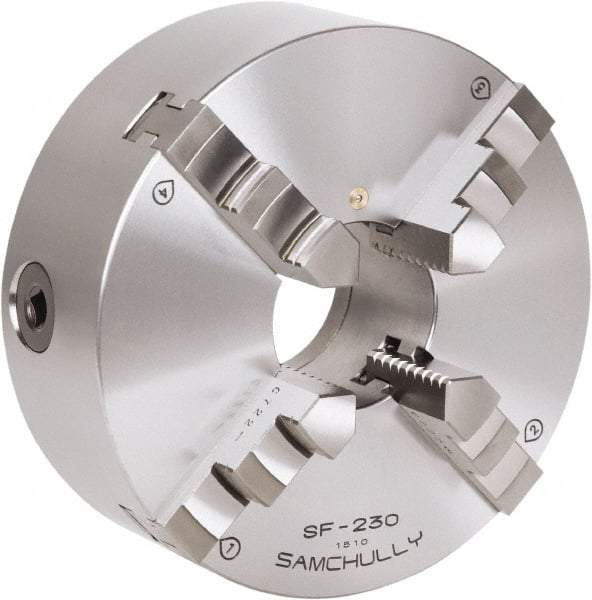 Samchully - 4 Jaw, 192mm Diam, Self Centering Manual Lathe Chuck - Rear Mount, Adjustable, 57mm Through Hole Diam, Forged Steel - All Tool & Supply