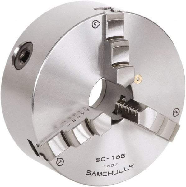 Samchully - 3 Jaw, 85mm Diam, Self Centering Manual Lathe Chuck - Rear Mount, Adjustable, 16mm Through Hole Diam, Forged Steel - All Tool & Supply