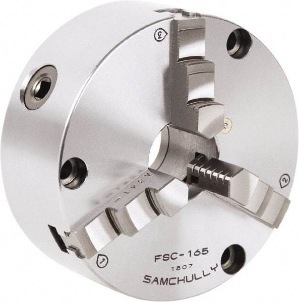 Samchully - 3 Jaw, 167mm Diam, Self Centering Manual Lathe Chuck - Front Mount, Adjustable, 45mm Through Hole Diam, Forged Steel - All Tool & Supply