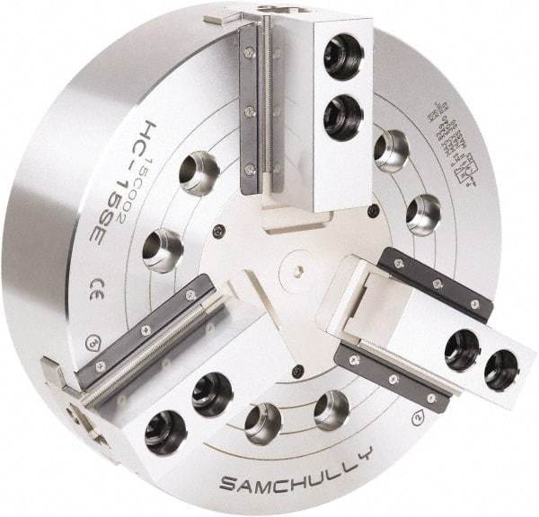 Samchully - 3 Jaw, 450mm Chuck Diam, Plain Back Mount, 0mm Through Hole Diam, Drawbar Hydraulic Power Lathe Chuck - 1.5mm x 60° Serrated Jaw Interface, 2,710 RPM, Steel Body - All Tool & Supply