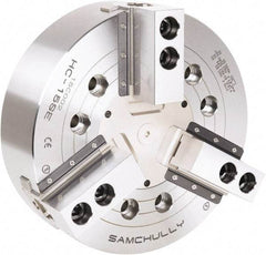 Samchully - 3 Jaw, 381mm Chuck Diam, Plain Back Mount, 0mm Through Hole Diam, Drawbar Hydraulic Power Lathe Chuck - 1.5mm x 60° Serrated Jaw Interface, 3,040 RPM, Steel Body - All Tool & Supply