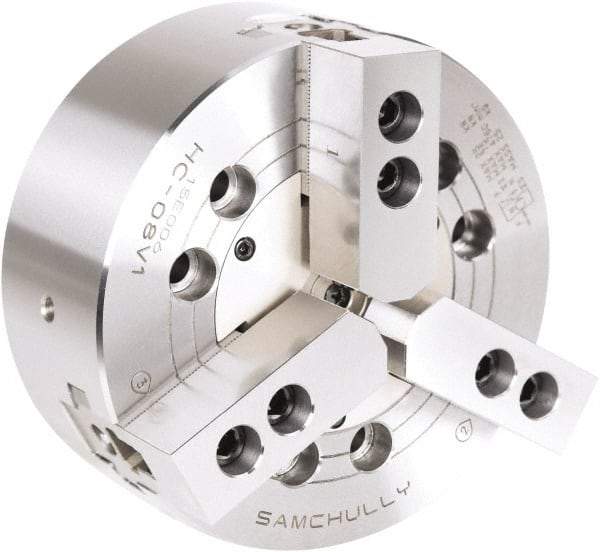 Samchully - 3 Jaw, 254mm Chuck Diam, Plain Back Mount, 0mm Through Hole Diam, Drawbar Hydraulic Power Lathe Chuck - 1.5mm x 60° Serrated Jaw Interface, 4,010 RPM, Steel Body - All Tool & Supply