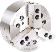 Samchully - 3 Jaw, 110mm Chuck Diam, Plain Back Mount, 0mm Through Hole Diam, Drawbar Hydraulic Power Lathe Chuck - 1.5mm x 60° Serrated Jaw Interface, 6,000 RPM, Steel Body - All Tool & Supply