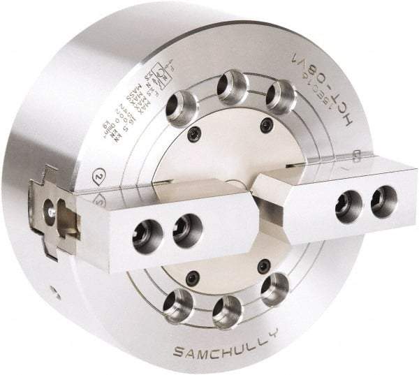 Samchully - 2 Jaw, 165mm Chuck Diam, Plain Back Mount, 0mm Through Hole Diam, Drawbar Hydraulic Power Lathe Chuck - 1.5mm x 60° Serrated Jaw Interface, 5,000 RPM, Steel Body - All Tool & Supply