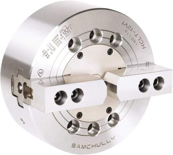 Samchully - 2 Jaw, 210mm Chuck Diam, Plain Back Mount, 0mm Through Hole Diam, Drawbar Hydraulic Power Lathe Chuck - 1.5mm x 60° Serrated Jaw Interface, 3,600 RPM, Steel Body - All Tool & Supply