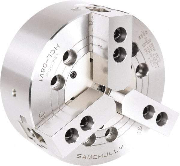 Samchully - 3 Jaw, 165mm Chuck Diam, Plain Back Mount, 0mm Through Hole Diam, Drawbar Hydraulic Power Lathe Chuck - 1.5mm x 60° Serrated Jaw Interface, 4,300 RPM, Steel Body - All Tool & Supply