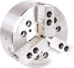 Samchully - 3 Jaw, 254mm Chuck Diam, Plain Back Mount, 0mm Through Hole Diam, Drawbar Hydraulic Power Lathe Chuck - 1.5mm x 60° Serrated Jaw Interface, 3,100 RPM, Steel Body - All Tool & Supply