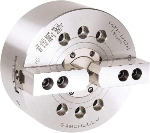 Samchully - 2 Jaw, 381mm Chuck Diam, Plain Back Mount, 0mm Through Hole Diam, Drawtube Hydraulic Power Lathe Chuck - 1.5mm x 60° Serrated Jaw Interface, 2,500 RPM, Steel Body - All Tool & Supply