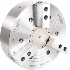 Samchully - 3 Jaw, 530mm Chuck Diam, Plain Back Mount, 140mm Through Hole Diam, Drawtube Hydraulic Power Lathe Chuck - 3mm x 60° Serrated Jaw Interface, 1,700 RPM, Steel Body - All Tool & Supply