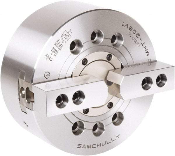 Samchully - 2 Jaw, 175mm Chuck Diam, Plain Back Mount, 52mm Through Hole Diam, Drawtube Hydraulic Power Lathe Chuck - 1.5mm x 60° Serrated Jaw Interface, 6,000 RPM, Steel Body - All Tool & Supply