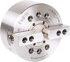 Samchully - 2 Jaw, 210mm Chuck Diam, Plain Back Mount, 66mm Through Hole Diam, Drawtube Hydraulic Power Lathe Chuck - 1.5mm x 60° Serrated Jaw Interface, 5,000 RPM, Steel Body - All Tool & Supply