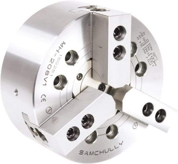 Samchully - 3 Jaw, 315mm Chuck Diam, Plain Back Mount, 315mm Through Hole Diam, Drawtube Hydraulic Power Lathe Chuck - 1.5mm x 60° Serrated Jaw Interface, 3,000 RPM, Steel Body - All Tool & Supply