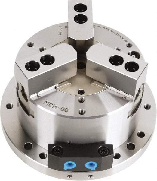 Samchully - 3 Jaw, 255mm Chuck Diam, Plain Back Mount, 0mm Through Hole Diam, Self-Contained Hydraulic Power Lathe Chuck - 1.5mm x 60° Serrated Jaw Interface, Steel Body - All Tool & Supply