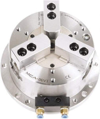 Samchully - 3 Jaw, 300mm Chuck Diam, Plain Back Mount, 0mm Through Hole Diam, Self-Contained Air Power Lathe Chuck - 1.5mm x 60° Serrated Jaw Interface, Steel Body - All Tool & Supply