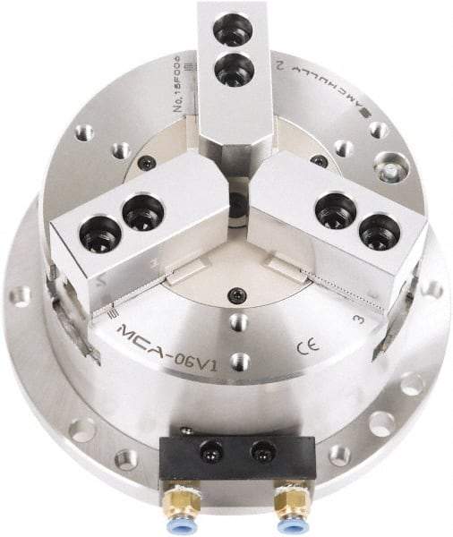 Samchully - 3 Jaw, 148mm Chuck Diam, Plain Back Mount, 0mm Through Hole Diam, Self-Contained Air Power Lathe Chuck - 1.5mm x 60° Serrated Jaw Interface, Steel Body - All Tool & Supply