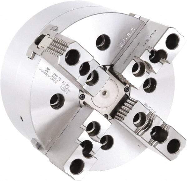 Samchully - 4 Jaw, 254mm Chuck Diam, Plain Back Mount, 0mm Through Hole Diam, Drawbar Hydraulic Power Lathe Chuck - 1.5mm x 60° Serrated Jaw Interface, 3,200 RPM, Steel Body - All Tool & Supply