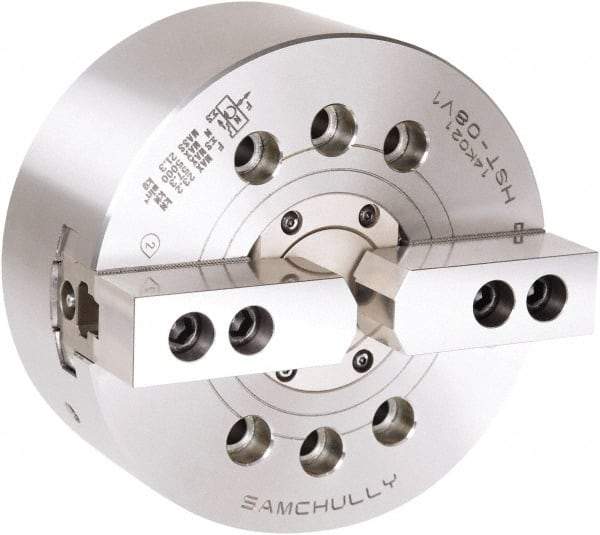 Samchully - 2 Jaw, 304mm Chuck Diam, Plain Back Mount, 91mm Through Hole Diam, Drawtube Hydraulic Power Lathe Chuck - 1.5mm x 60° Serrated Jaw Interface, 3,300 RPM, Steel Body - All Tool & Supply