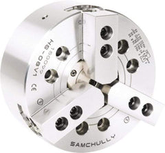 Samchully - 3 Jaw, 210mm Chuck Diam, Plain Back Mount, 52mm Through Hole Diam, Drawtube Hydraulic Power Lathe Chuck - 1.5mm x 60° Serrated Jaw Interface, 5,000 RPM, Steel Body - All Tool & Supply