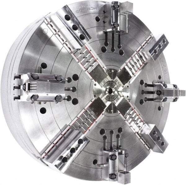 Samchully - 4 Jaw, 1400mm Chuck Diam, Plain Back Mount, 0mm Through Hole Diam, Drawbar Hydraulic Power Lathe Chuck - Tongue & Groove Jaw Interface, 400 RPM, Steel Body - All Tool & Supply