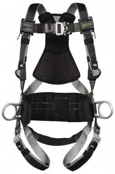 Miller - 400 Lb Capacity, Size Universal, Full Body Construction Safety Harness - Polyester (Outer) & Webbing, Side D-Ring, Quick Connect Leg Strap, Quick Connect Chest Strap, Green/Black - All Tool & Supply