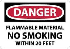 NMC - "Danger - Flammable Material - No Smoking Within 20 Feet", 10" Long x 14" Wide, Aluminum Safety Sign - Rectangle, 0.04" Thick, Use for Accident Prevention - All Tool & Supply