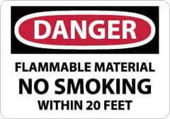 NMC - "Danger - Flammable Material - No Smoking Within 20 Feet", 7" Long x 10" Wide, Pressure-Sensitive Vinyl Safety Sign - Rectangle, 0.004" Thick, Use for Accident Prevention - All Tool & Supply