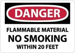 NMC - "Danger - Flammable Material - No Smoking Within 20 Feet", 10" Long x 14" Wide, Pressure-Sensitive Vinyl Safety Sign - Rectangle, 0.004" Thick, Use for Accident Prevention - All Tool & Supply