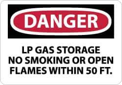 NMC - "Danger - LP Gas Storage - No Smoking or Open Flames Within 50 Ft.", 10" Long x 14" Wide, Aluminum Safety Sign - Rectangle, 0.04" Thick, Use for Accident Prevention - All Tool & Supply