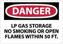 NMC - "Danger - LP Gas Storage - No Smoking or Open Flames Within 50 Ft.", 10" Long x 14" Wide, Aluminum Safety Sign - Rectangle, 0.04" Thick, Use for Accident Prevention - All Tool & Supply