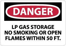 NMC - "Danger - LP Gas Storage - No Smoking or Open Flames Within 50 Ft.", 10" Long x 14" Wide, Pressure-Sensitive Vinyl Safety Sign - Rectangle, 0.004" Thick, Use for Accident Prevention - All Tool & Supply