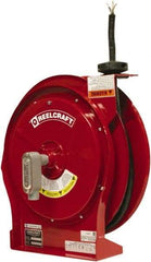 Reelcraft - 12 AWG, 50' Cable Length, Cord & Cable Reel with Flying Lead End - 0 Outlets, 16 Amps, 600 Volts, SEOOW Cable, Red Reel, Spring Driven Reel - All Tool & Supply