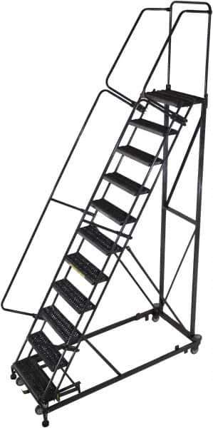 Ballymore - 143" 11 Step Ladder - Rolling Safety Ladder, 600 Lb Capacity, 110" Platform Height, 32" Base Width x 87" Base Depth, Serrated - All Tool & Supply