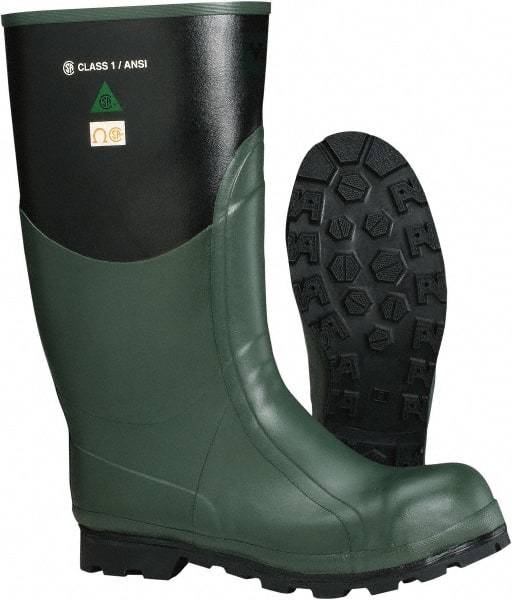 Viking - Men's Size 13 Medium Width Steel Knee Boot - Green, Black, Rubber Upper, Nitrile Rubber Outsole, 15" High, Non-Slip, Waterproof, Electric Shock Resistant - All Tool & Supply