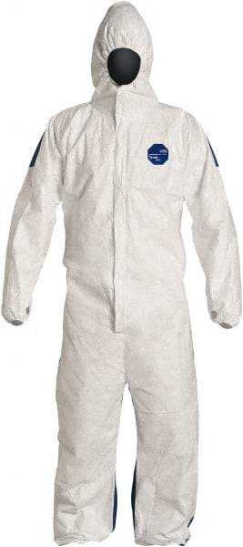 Dupont - Size M Film Laminate General Purpose Coveralls - White/Blue, Zipper Closure, Elastic Cuffs, Elastic Ankles, Serged Seams, Hazard Level D & C - All Tool & Supply