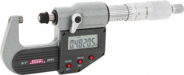 SPI - 0 to 1" Range, 0.00005" Resolution, Standard Throat IP65 Electronic Outside Micrometer - 0.0001" Accuracy, Ratchet Stop Thimble, Carbide-Tipped Face, LR44 Battery, Includes NIST Traceable Certification of Inspection - All Tool & Supply