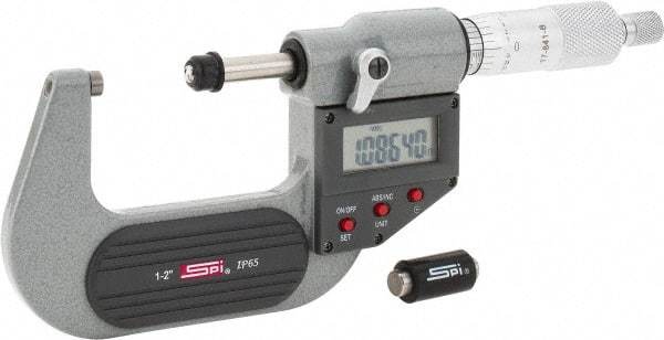 SPI - 1 to 2" Range, 0.00005" Resolution, Standard Throat IP65 Electronic Outside Micrometer - 0.0001" Accuracy, Ratchet Stop Thimble, Carbide-Tipped Face, LR44 Battery, Includes NIST Traceable Certification of Inspection - All Tool & Supply