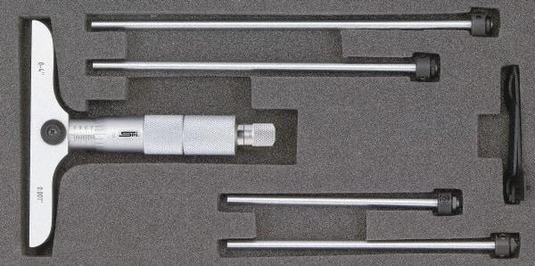 SPI - 0 to 12" Range, 12 Rod, Mechanical Depth Micrometer - Ratchet Stop Thimble, 4" Base Length, 0.001" Graduation, 4.5mm Rod Diam - All Tool & Supply