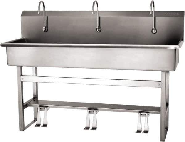 SANI-LAV - 57" Long x 16-1/2" Wide Inside, 1 Compartment, Grade 304 Stainless Steel (4) Person Wash-Station with Double Foot Valves - 16 Gauge, 60" Long x 20" Wide x 45" High Outside, 8" Deep - All Tool & Supply