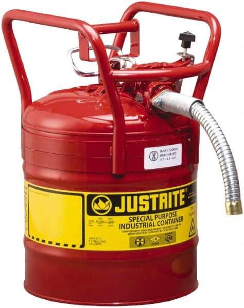 Justrite - 5 Gal Brass Type II DOT Safety Can - 17-1/2" High x 11-3/4" Diam, Red - All Tool & Supply