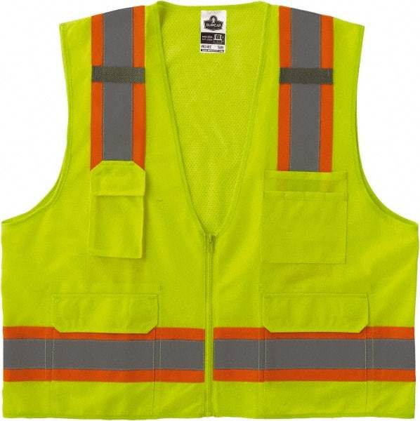 Ergodyne - Size S/M High Visibility Lime Mesh/Solid Surveyor's Vest - 36 to 44" Chest, ANSI/ISEA 107, Zipper Closure, 6 Pockets, Polyester - All Tool & Supply