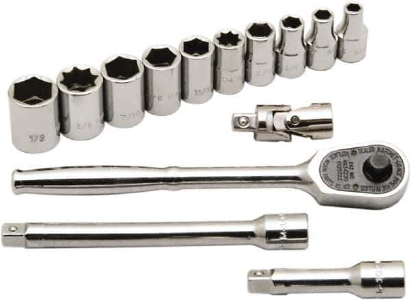 Ability One - 1/4" Drive Socket Set - 12 Points, 3/16" to 9/16" Range, Inch Measurement Standard - All Tool & Supply