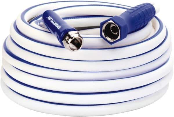 Legacy - 50' Long Marine/RV Hose - 5/8" Diam, 3/4" GHT, Hi-Tec Polymer, 150 psi, All Season, White with Blue Stripe - All Tool & Supply