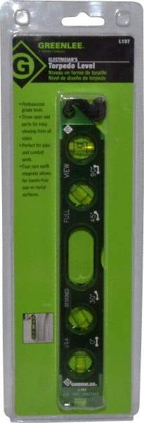 Greenlee - Magnetic 8-1/2" Long 4 Vial Torpedo Level - Aluminum, Green, 1 0°, 1 30°, 1 45° & 1 90° Vials - All Tool & Supply