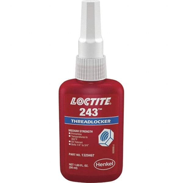 Loctite - 50 mL Bottle, Blue, Medium Strength Liquid Threadlocker - Series 243, 24 hr Full Cure Time, Hand Tool Removal - All Tool & Supply