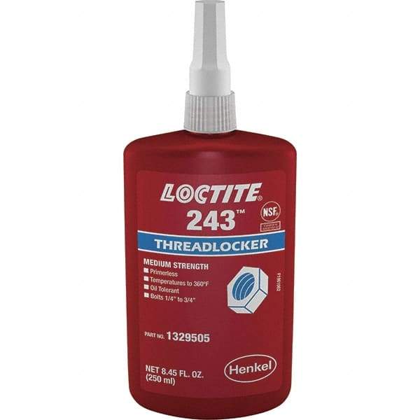 Loctite - 250 mL Bottle, Blue, Medium Strength Liquid Threadlocker - Series 243, 24 hr Full Cure Time, Hand Tool, Heat Removal - All Tool & Supply