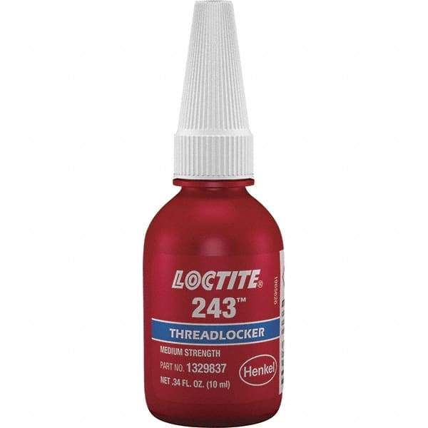 Loctite - 10 mL Bottle, Blue, Medium Strength Liquid Threadlocker - Series 243, 24 hr Full Cure Time, Hand Tool, Heat Removal - All Tool & Supply