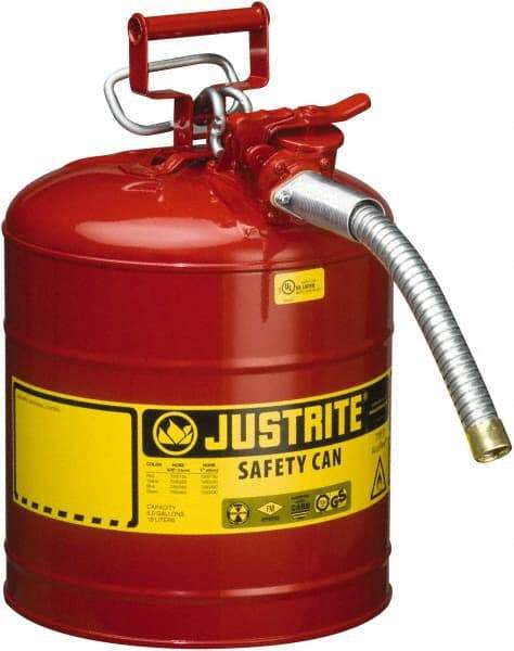 Justrite - 5 Gal Galvanized Steel Type II Safety Can - 17-1/2" High x 11-3/4" Diam, Red with Yellow - All Tool & Supply