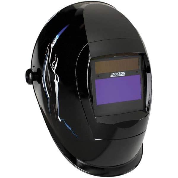 Jackson Safety - 3-25/32" Window Width x 1-13/16" Window Height, 9 to 13 Shade Auto-Darkening Lens, Fixed Front Welding Helmet - Black Torch Dancer Design, Thermoplastic Green Lens - All Tool & Supply