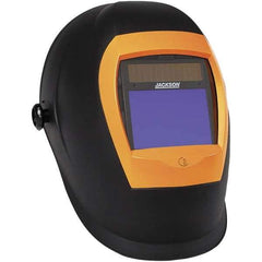 Jackson Safety - 3-51/64" Window Width x 2-45/64" Window Height, 9 to 13 Shade Auto-Darkening Lens, Fixed Front Welding Helmet - Black/Yellow Thermoplastic Blue Lens - All Tool & Supply